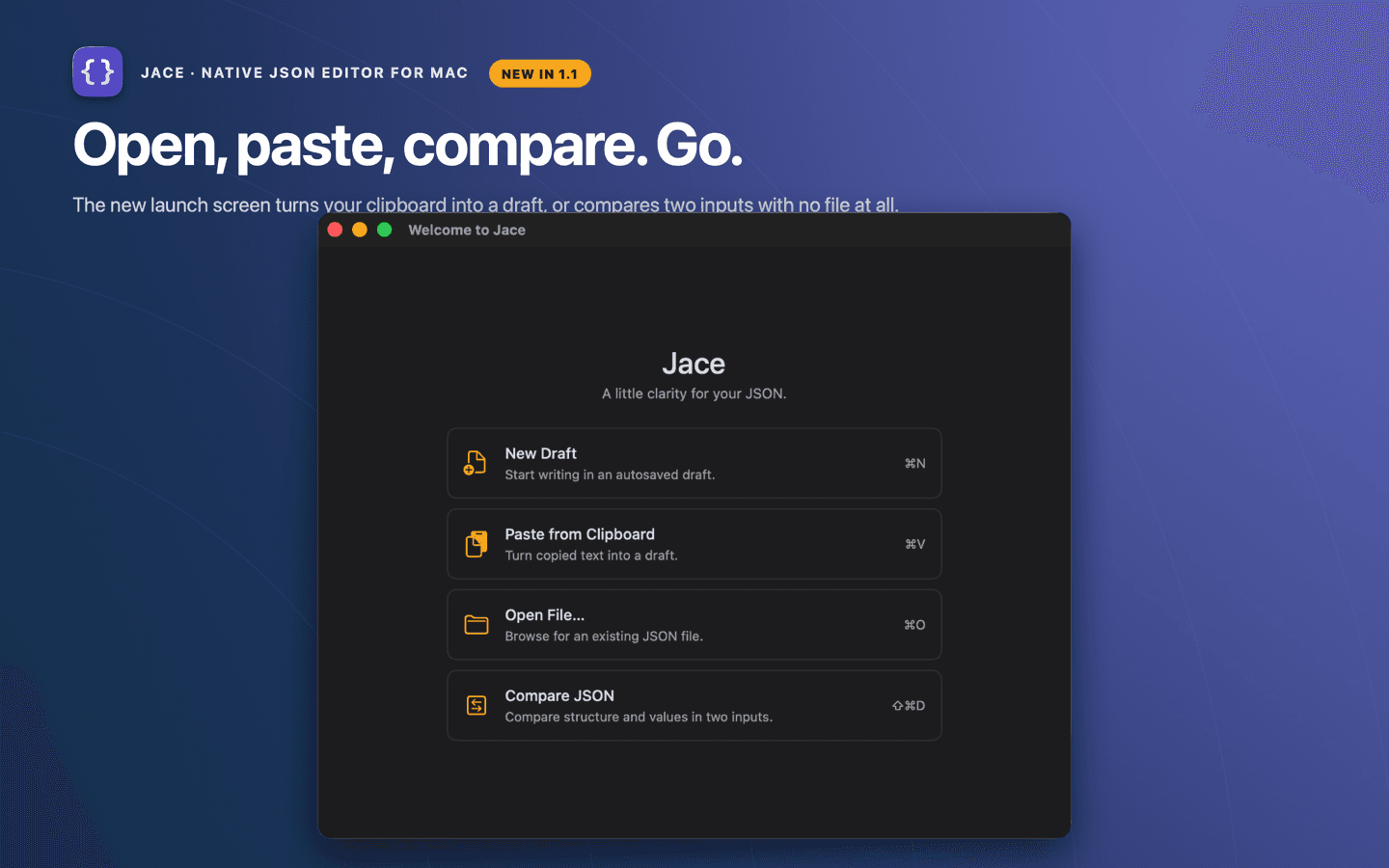 Jace launch screen with New Draft, Paste from Clipboard, Open File, and Compare JSON actions