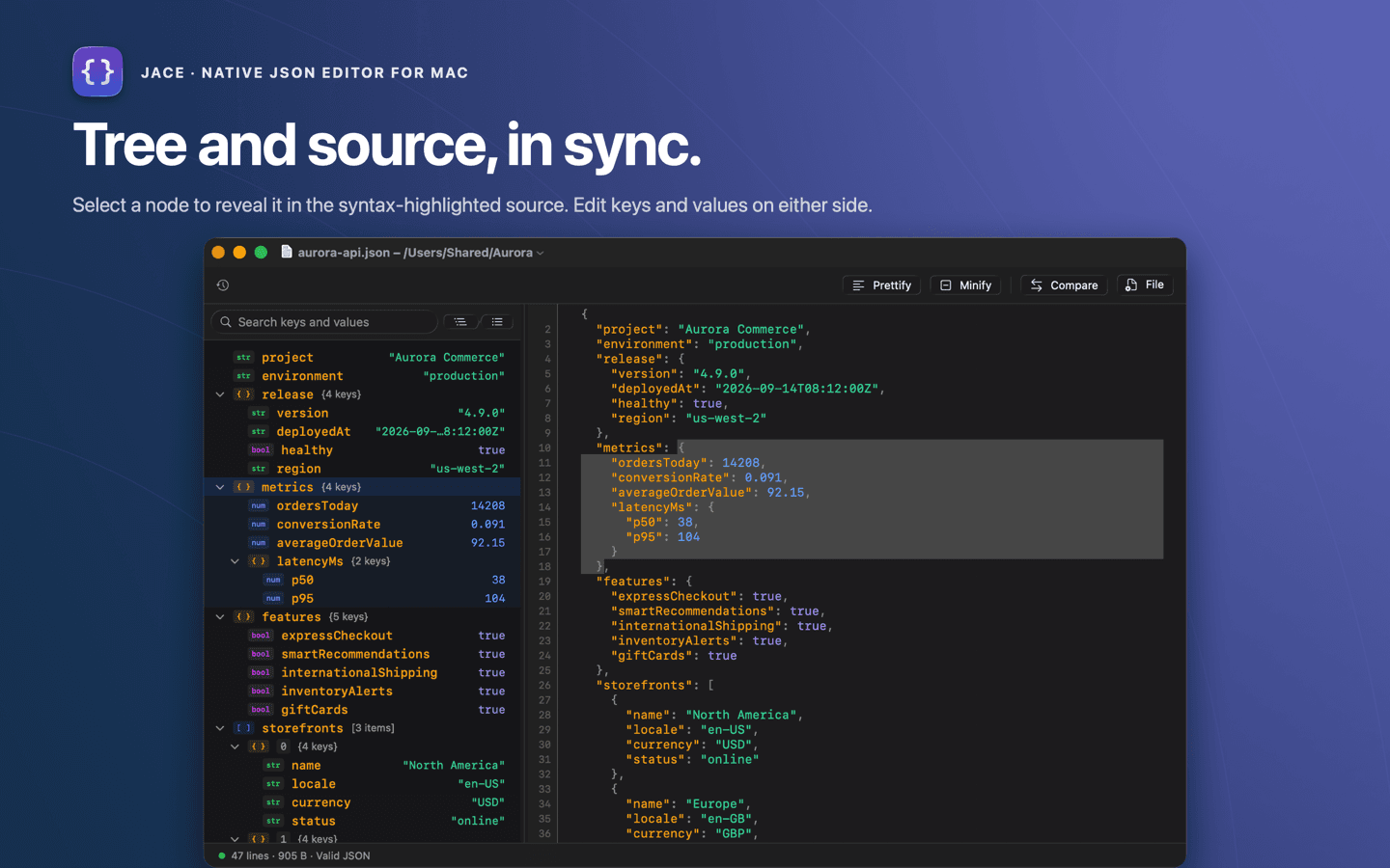 Jace showing a JSON document in a synchronized tree and source editor