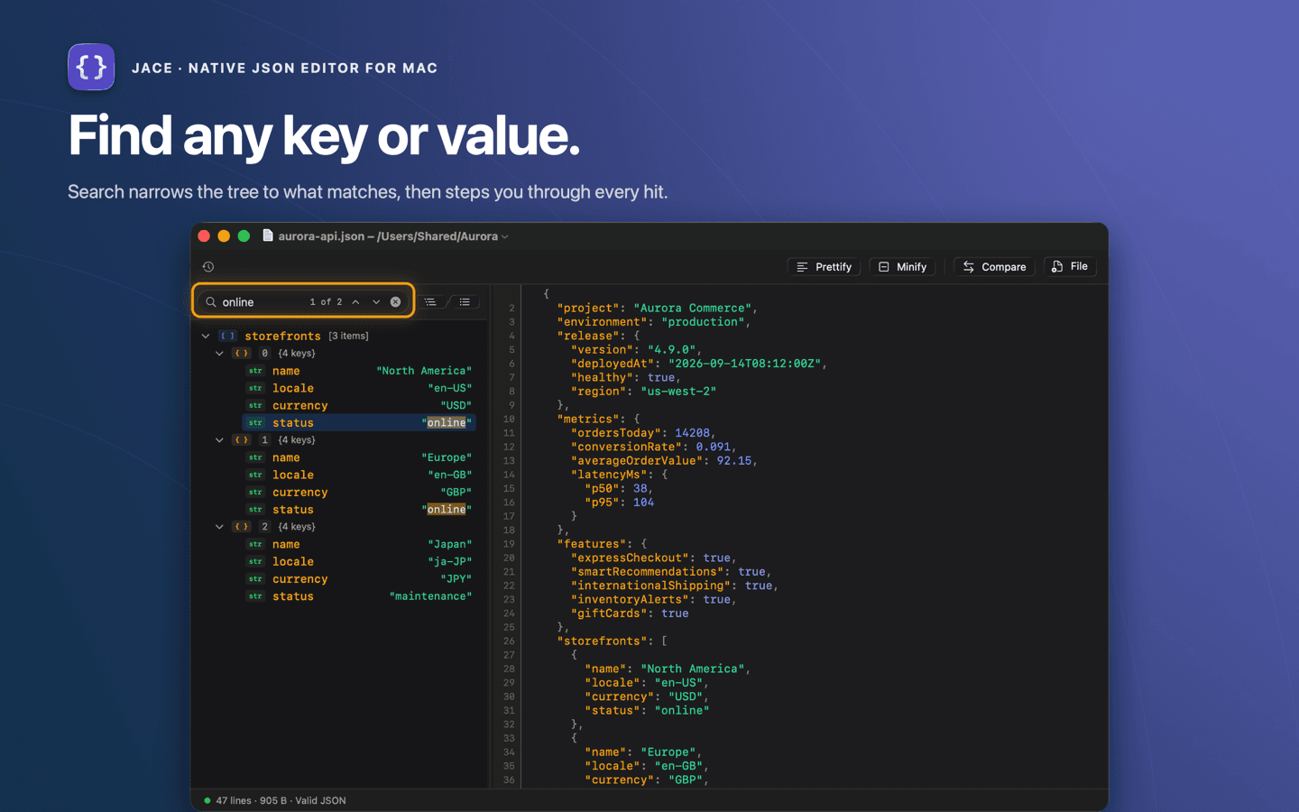 Jace searching a JSON document with a match count in the tree pane